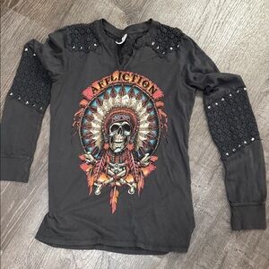Affliction Black Long Sleeve Tee with Skull Design